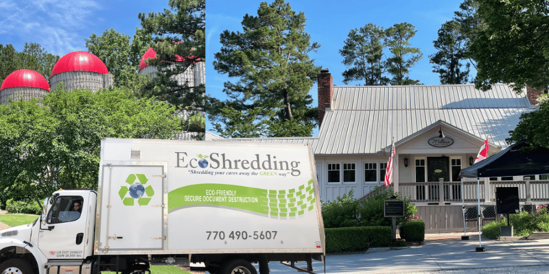 EcoShredding Truck in front on Crabapple GA landmarks