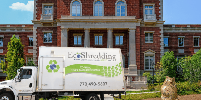 EcoShredding Shred truck in front of Alpharetta GA city hall