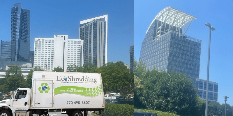 EcoShredding Truck against the backdrop of Dunwoody GA buildings