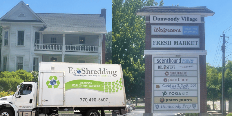 EcoShredding truck against backdrop of Dunwoody GA